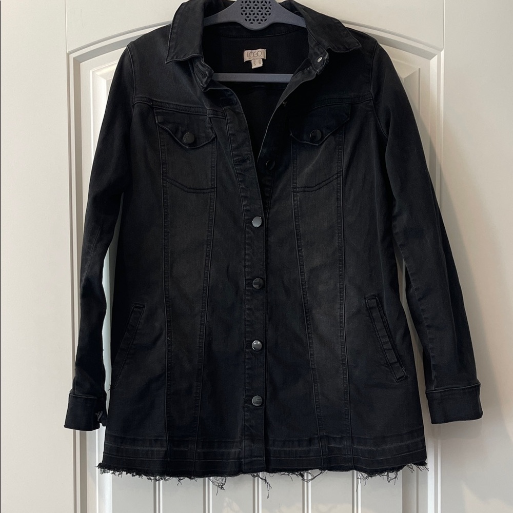 LOGO Lori Goldstein Black Distressed Tunic Length Jean Jacket 0